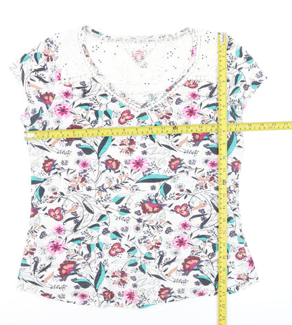Mantaray Womens Multicoloured Floral Cotton V-Neck T-Shirt Size 10
