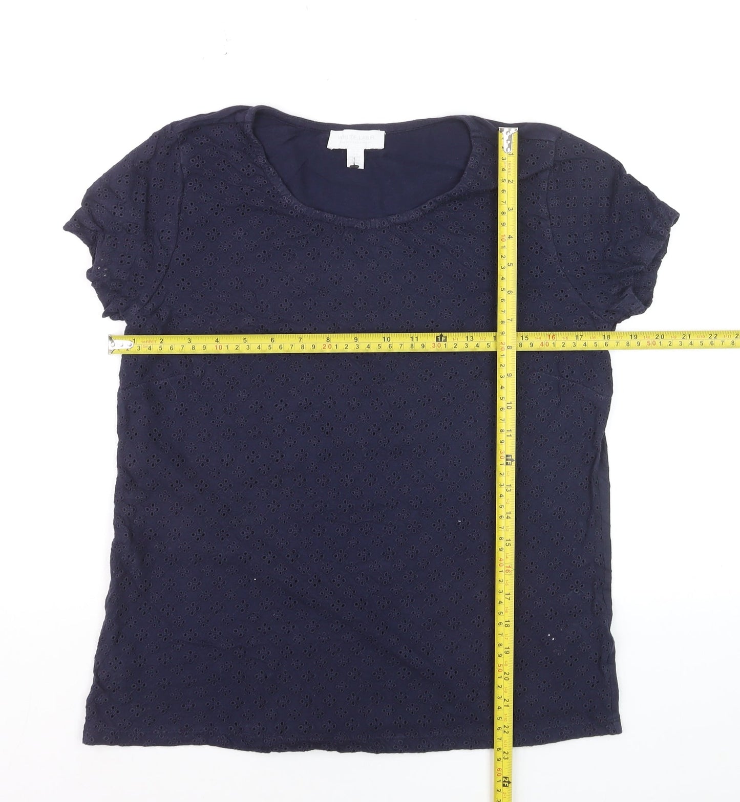 The White Company Women Navy Blue Eyelet Cotton Short Sleeve T-Shirt Size 10