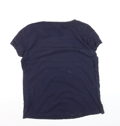 The White Company Women Navy Blue Eyelet Cotton Short Sleeve T-Shirt Size 10