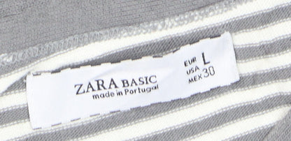 Zara Women Grey Striped Boat Neck Long Sleeve T-Shirt Size 12