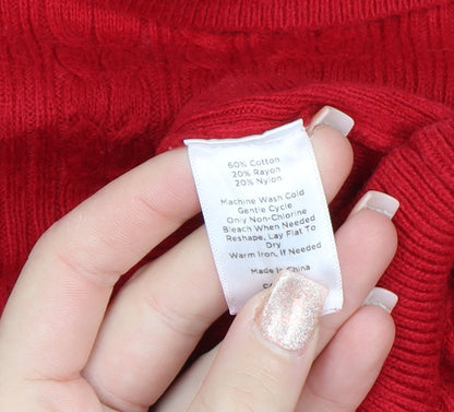 Talbots Women Red Cable-Knit Roll Neck Jumper Petite P Cotton Blend