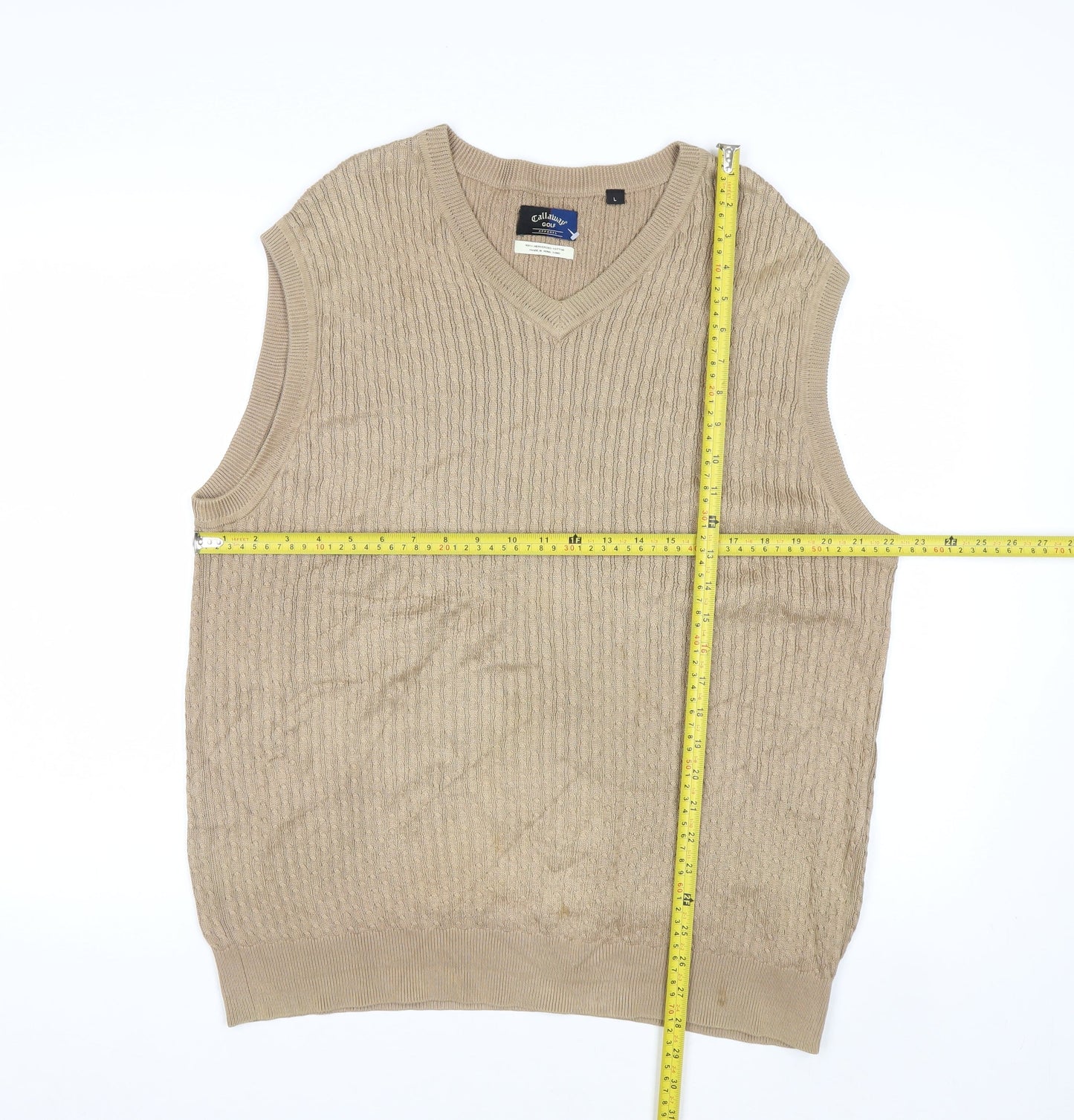 Callaway Men Beige Cotton Golf Vest L V-Neck Sleeveless Jumper