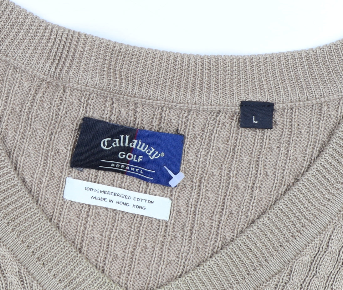 Callaway Men Beige Cotton Golf Vest L V-Neck Sleeveless Jumper
