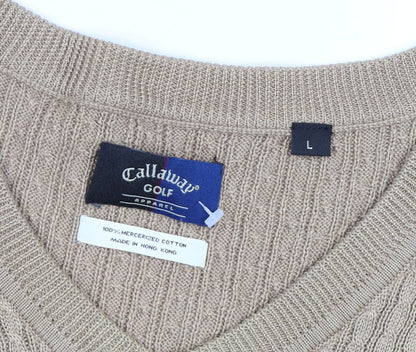 Callaway Men Beige Cotton Golf Vest L V-Neck Sleeveless Jumper