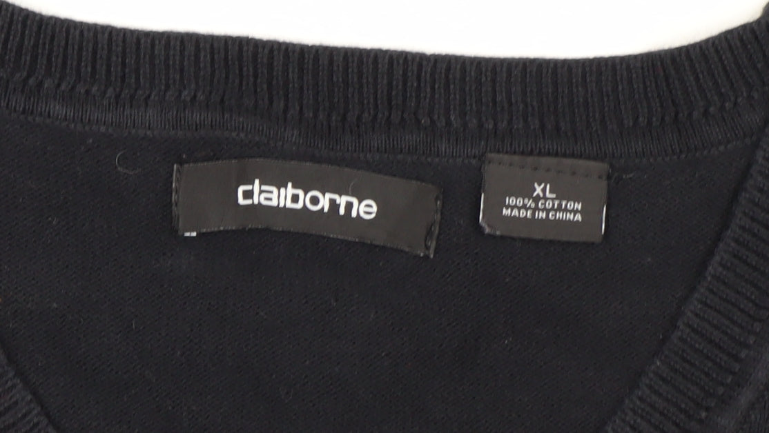 Claiborne Men's Black Cotton Argyle Sleeveless V-Neck Vest XL