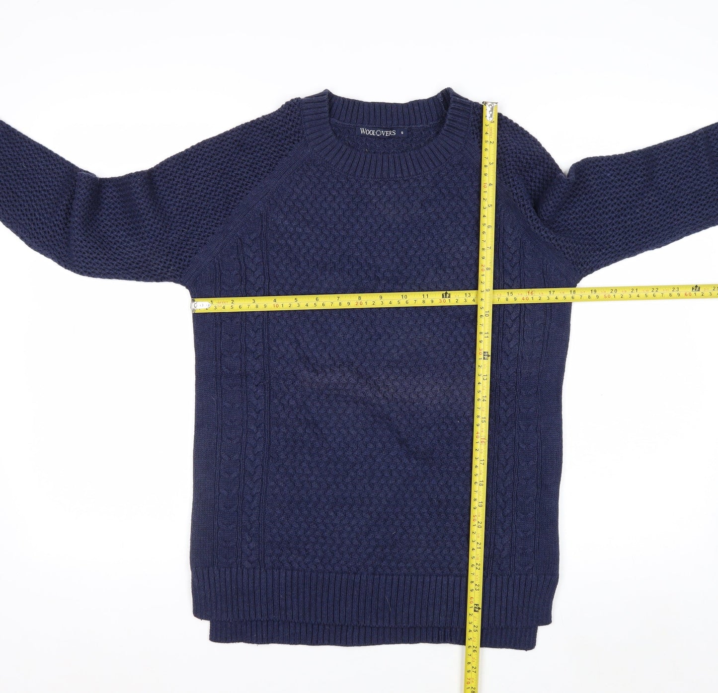 Woolovers Men's Blue Cotton Cable Knit Crew Neck Jumper Size S