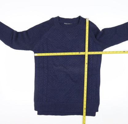 Woolovers Men's Blue Cotton Cable Knit Crew Neck Jumper Size S