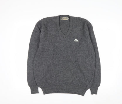 Monte Carlo Men's Grey Wool V-Neck Jumper L Classic Knit Pullover