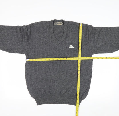 Monte Carlo Men's Grey Wool V-Neck Jumper L Classic Knit Pullover