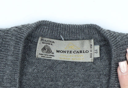 Monte Carlo Men's Grey Wool V-Neck Jumper L Classic Knit Pullover