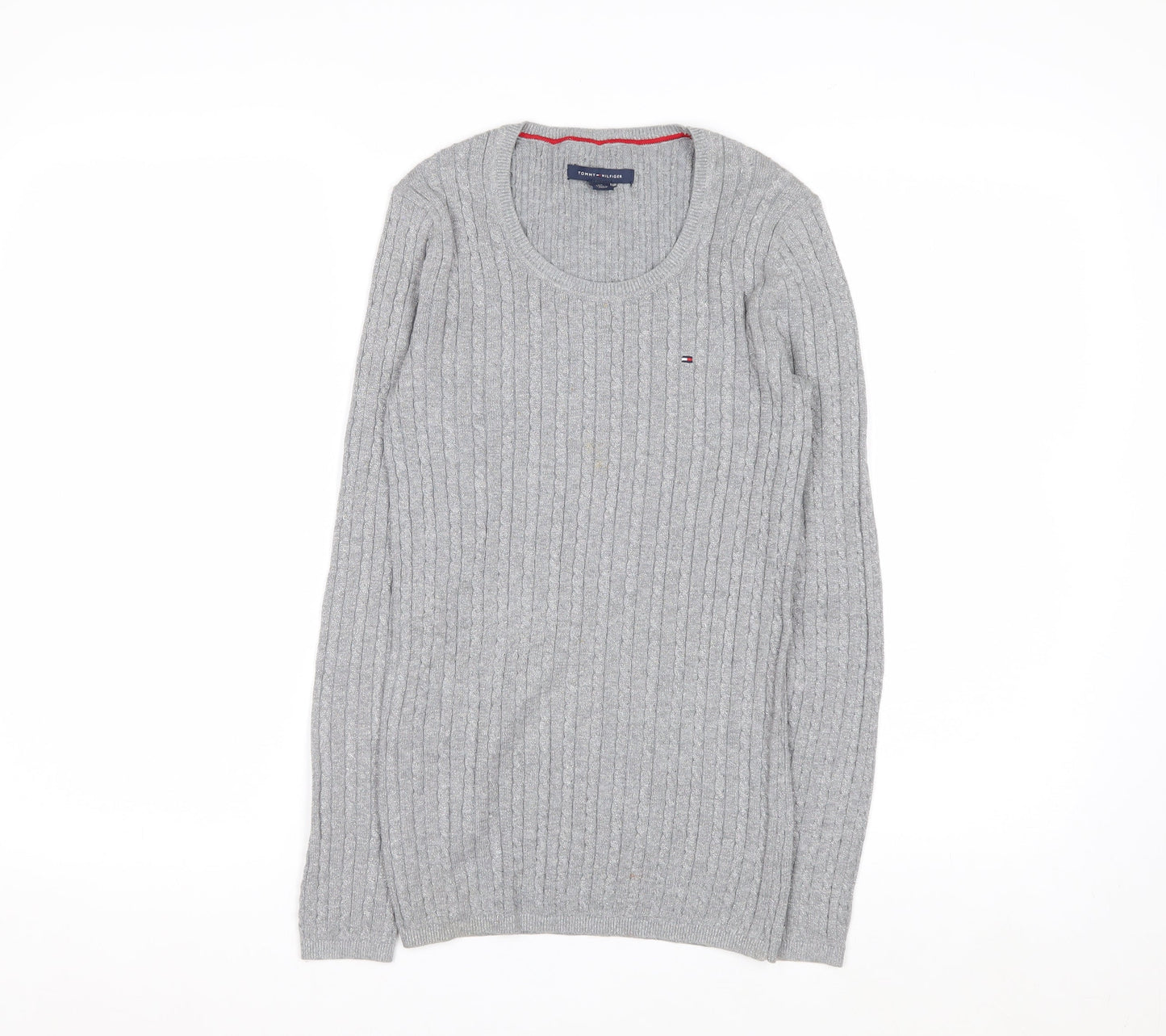 Tommy Hilfiger Women Grey Cable-Knit Jumper XS Classic Crew Neck