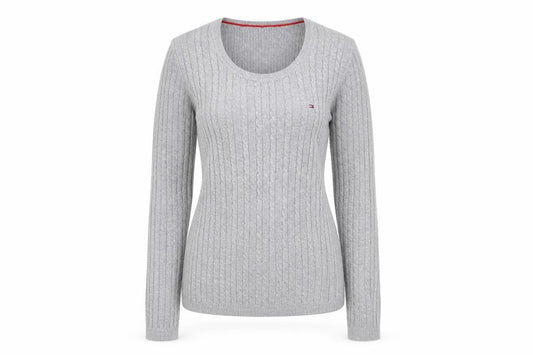 Tommy Hilfiger Women Grey Cable-Knit Jumper XS Classic Crew Neck