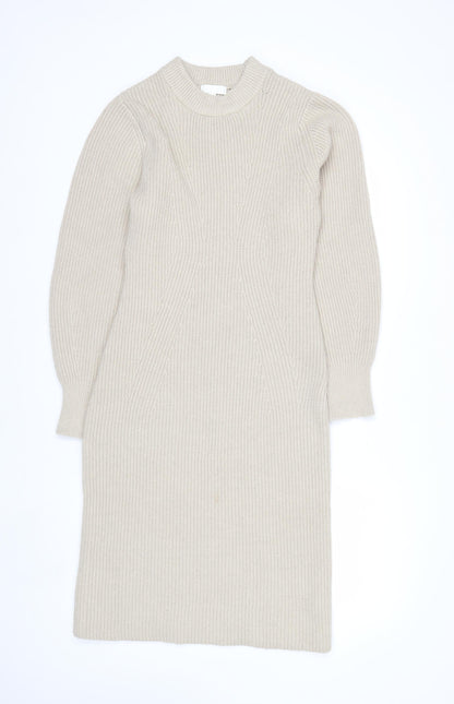 H&M Women Beige Knit Jumper Dress Size S Long Sleeve Crew Neck