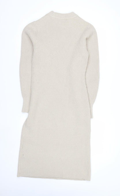 H&M Women Beige Knit Jumper Dress Size S Long Sleeve Crew Neck