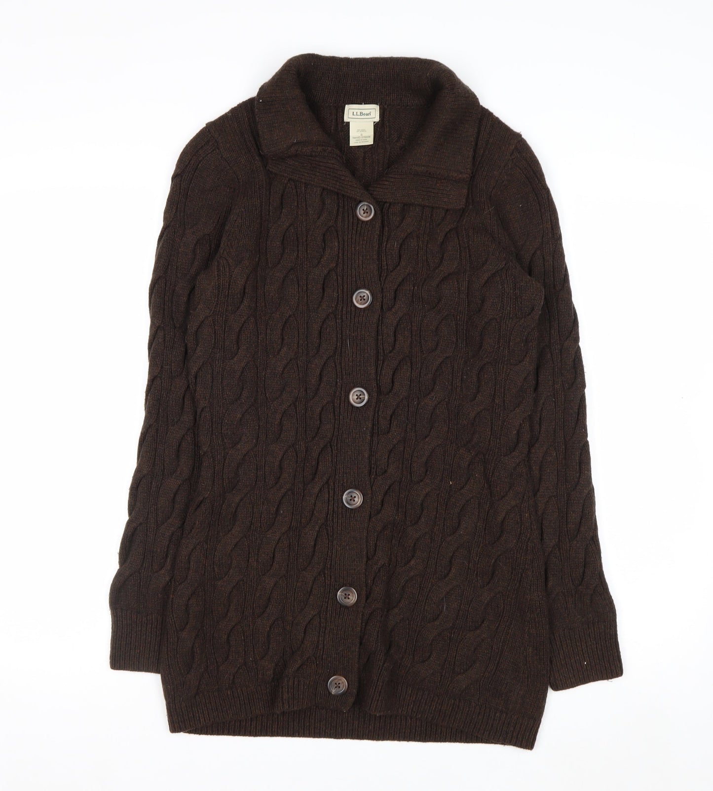 L.L. Bean Women Brown Cable-Knit Wool Blend Button Cardigan S