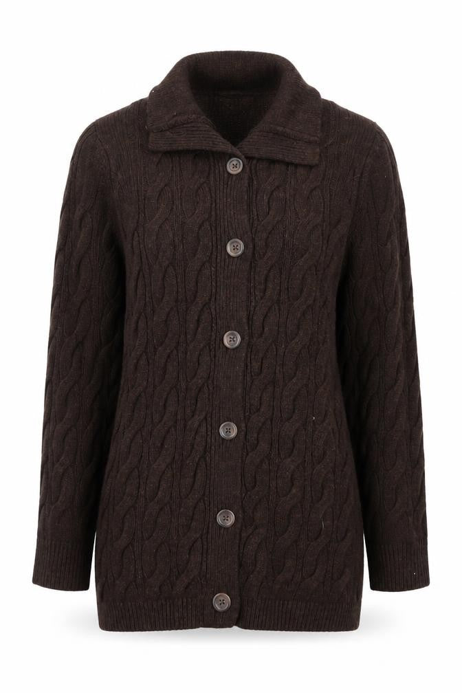 L.L. Bean Women Brown Cable-Knit Wool Blend Button Cardigan S