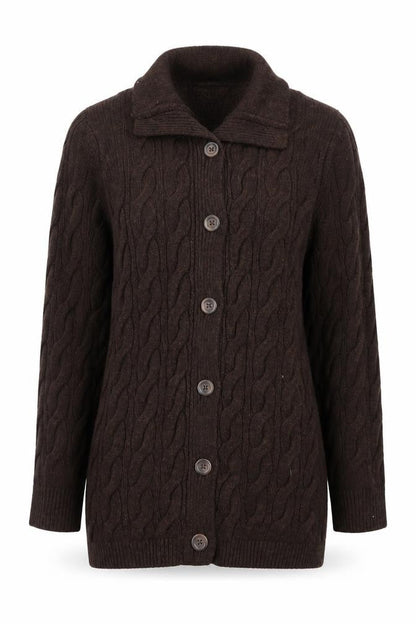L.L. Bean Women Brown Cable-Knit Wool Blend Button Cardigan S