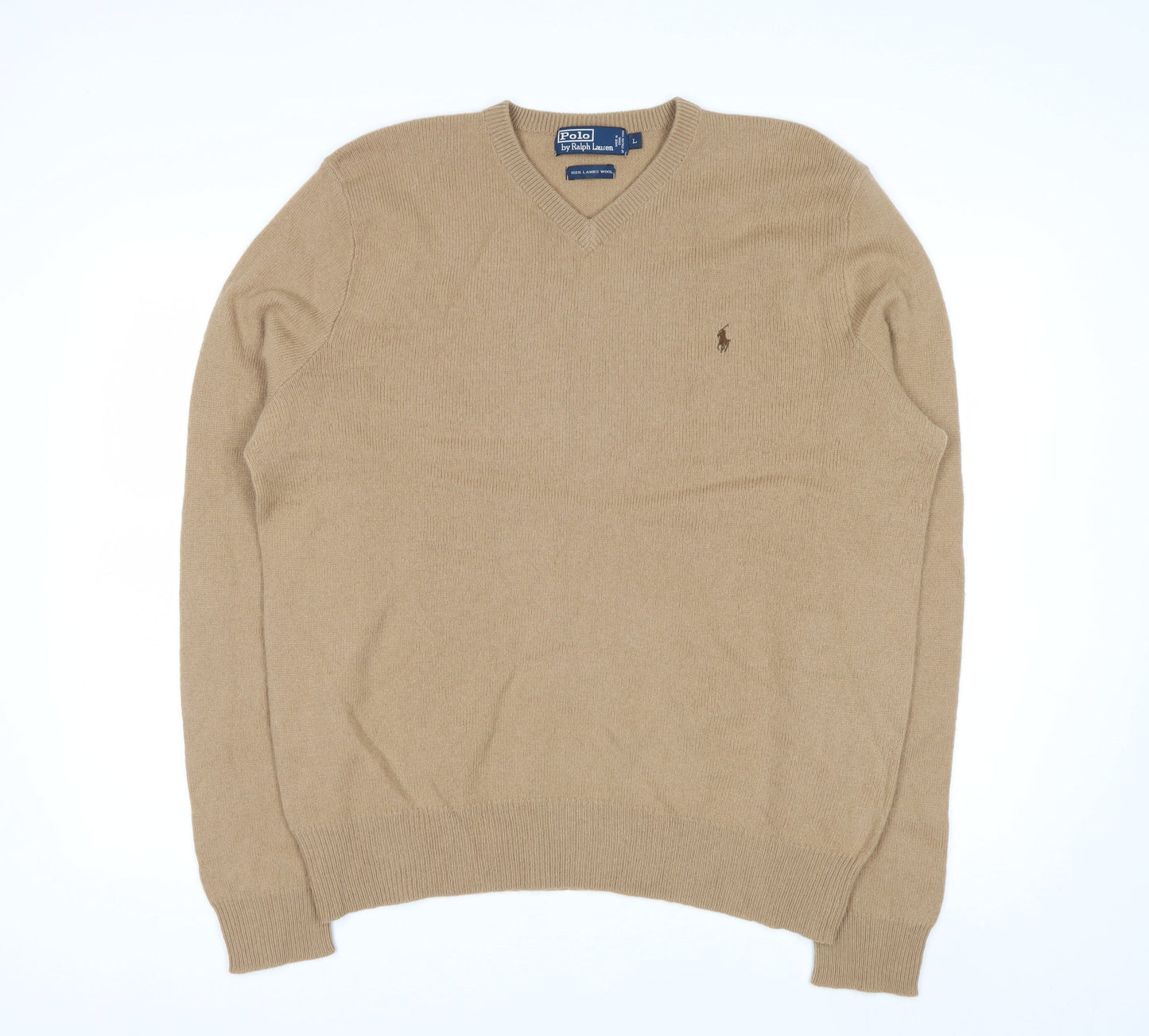 Ralph Lauren Men's Beige Wool V-Neck Pullover Jumper L