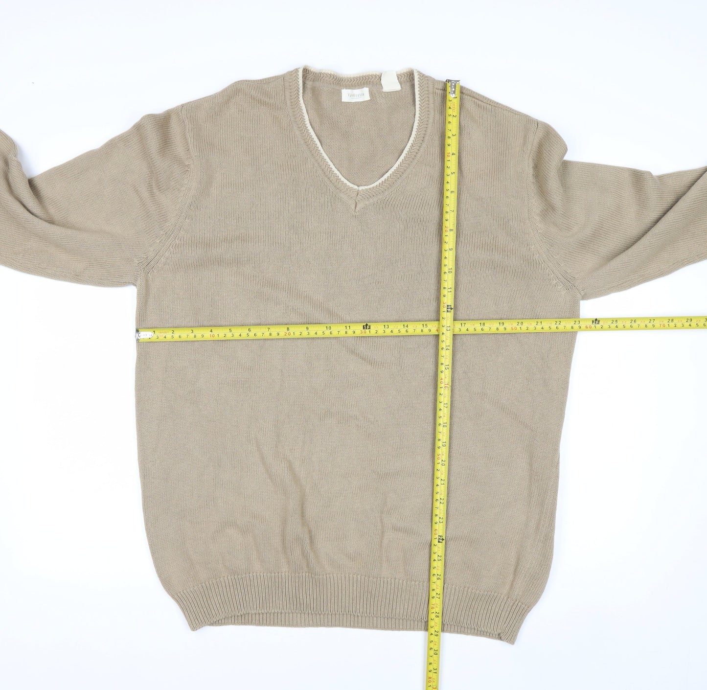 Van Heusen Men Beige Cotton V-Neck Jumper L Lightweight Knit