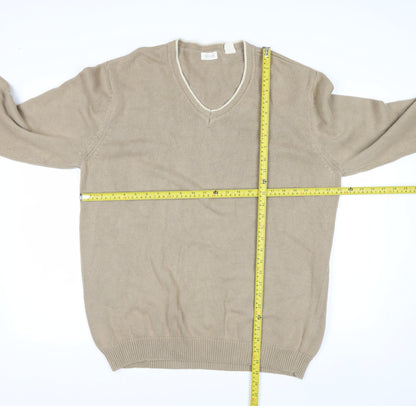 Van Heusen Men Beige Cotton V-Neck Jumper L Lightweight Knit
