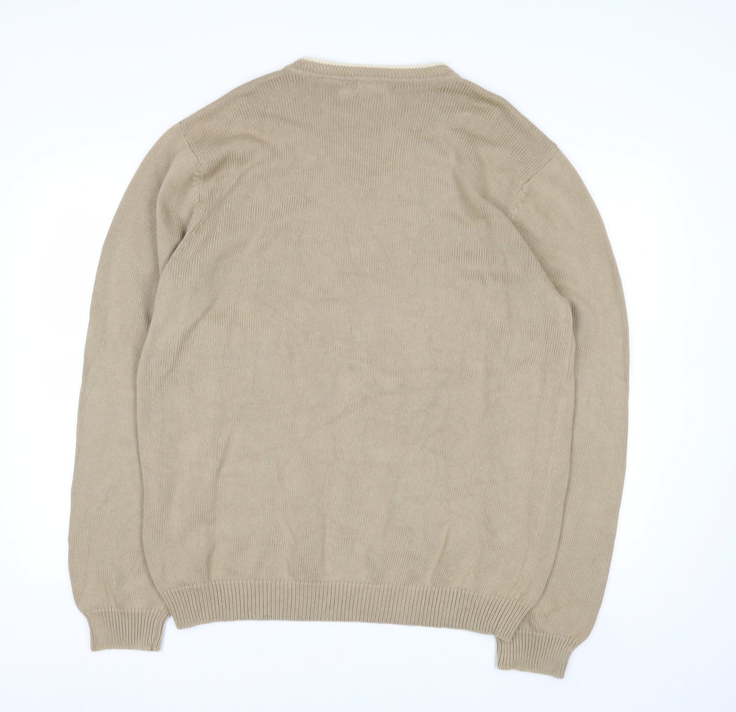 Van Heusen Men Beige Cotton V-Neck Jumper L Lightweight Knit