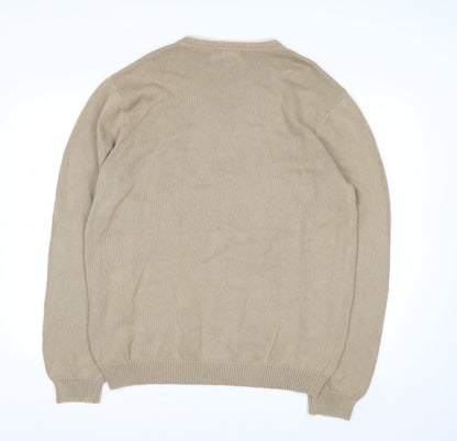 Van Heusen Men Beige Cotton V-Neck Jumper L Lightweight Knit