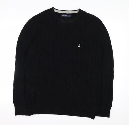 Nautica Men’s Black Cotton Cable Knit Crew Neck Jumper Size L
