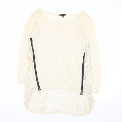 Warehouse Women Beige Open-Knit Lightweight Zip Jumper UK 6