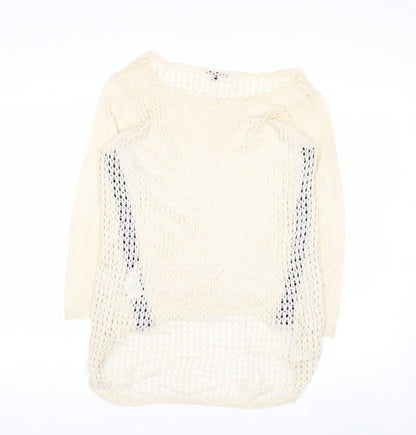 Warehouse Women Beige Open-Knit Lightweight Zip Jumper UK 6