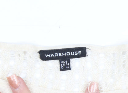 Warehouse Women Beige Open-Knit Lightweight Zip Jumper UK 6