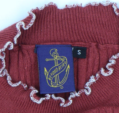 Beyond Retro Womens Red Ribbed Mock Neck Pullover Jumper Size S