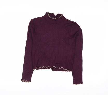 Beyond Retro Womens Purple High Neck Ruffled Knit Jumper Size M