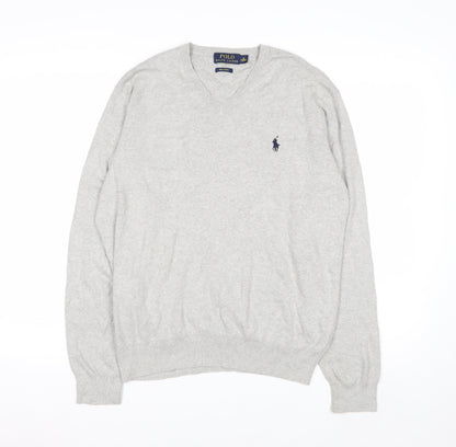 Polo Ralph Lauren Men's Grey V-Neck Jumper M 100% Cotton Knitwear