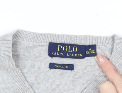 Polo Ralph Lauren Men's Grey V-Neck Jumper M 100% Cotton Knitwear