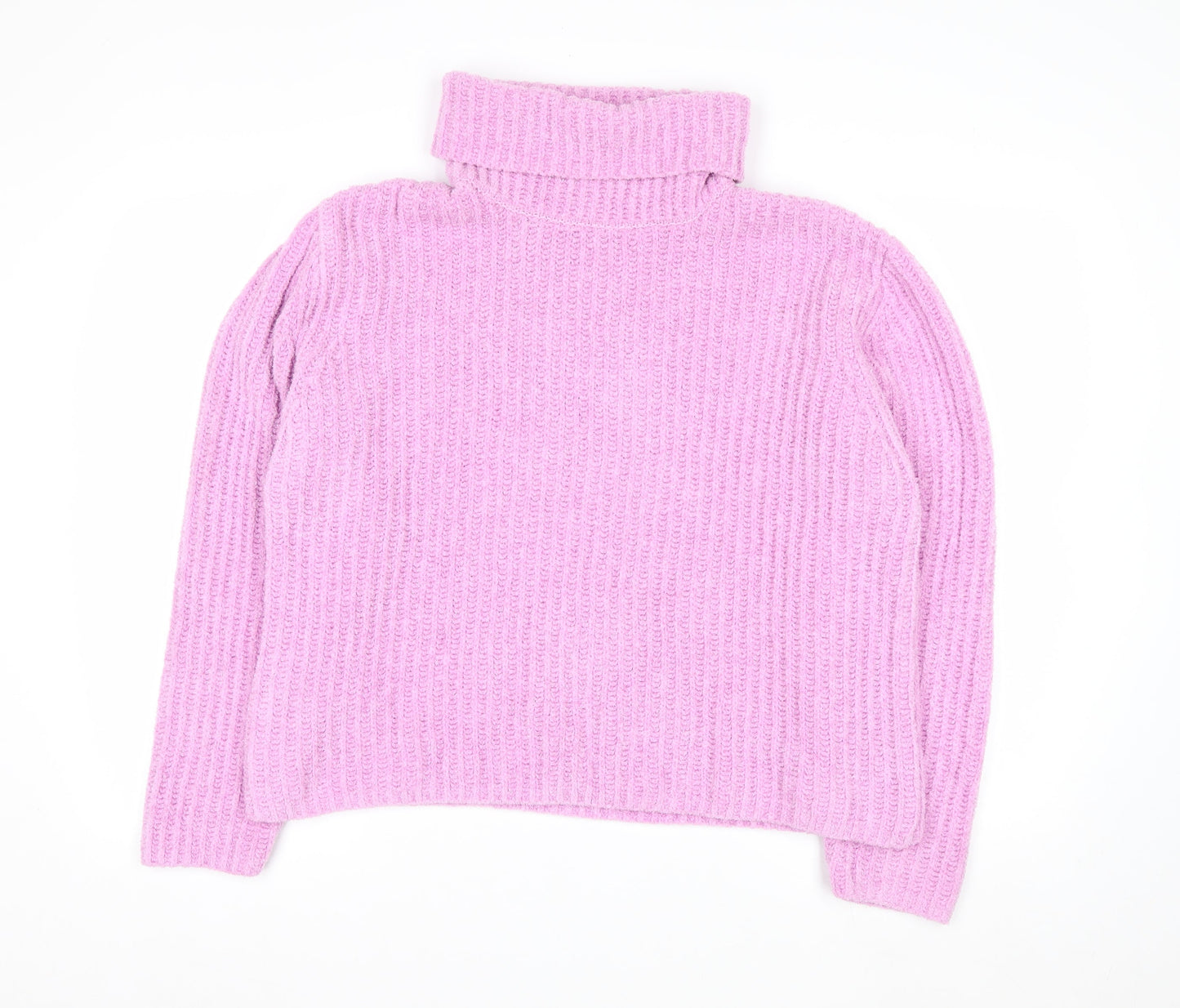 MNG Women Pink Roll Neck Rib Knit Jumper Medium Polyester