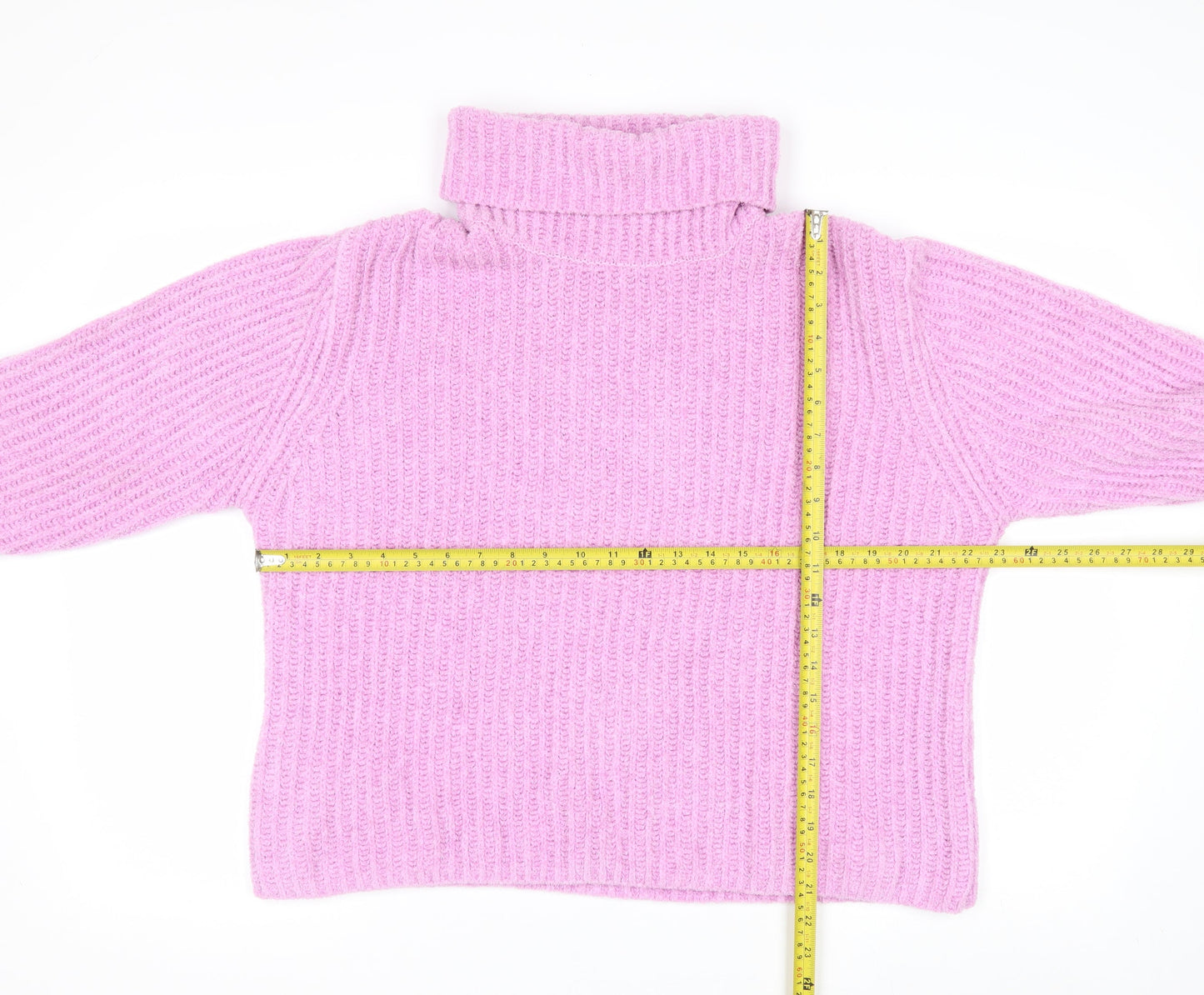 MNG Women Pink Roll Neck Rib Knit Jumper Medium Polyester