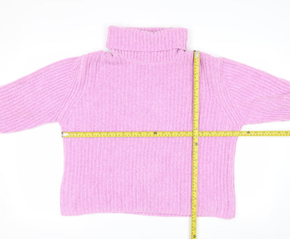MNG Women Pink Roll Neck Rib Knit Jumper Medium Polyester