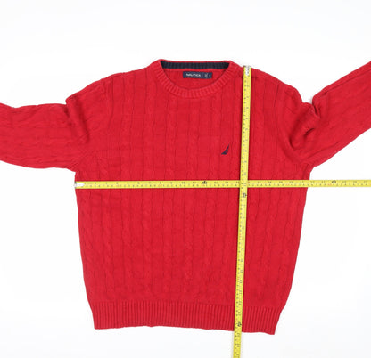 Nautica Men Red Cotton Cable-Knit Crew Neck Jumper Size M