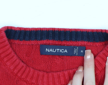 Nautica Men Red Cotton Cable-Knit Crew Neck Jumper Size M