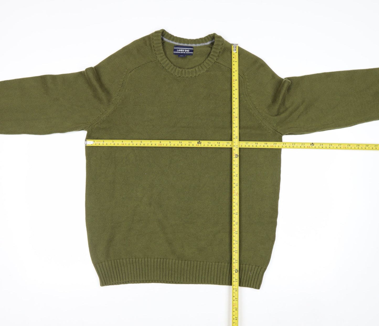 Lands' End Men's Green Cotton Crew Neck Pullover Jumper Size L