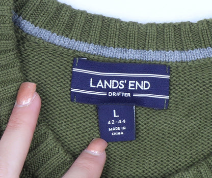 Lands' End Men's Green Cotton Crew Neck Pullover Jumper Size L