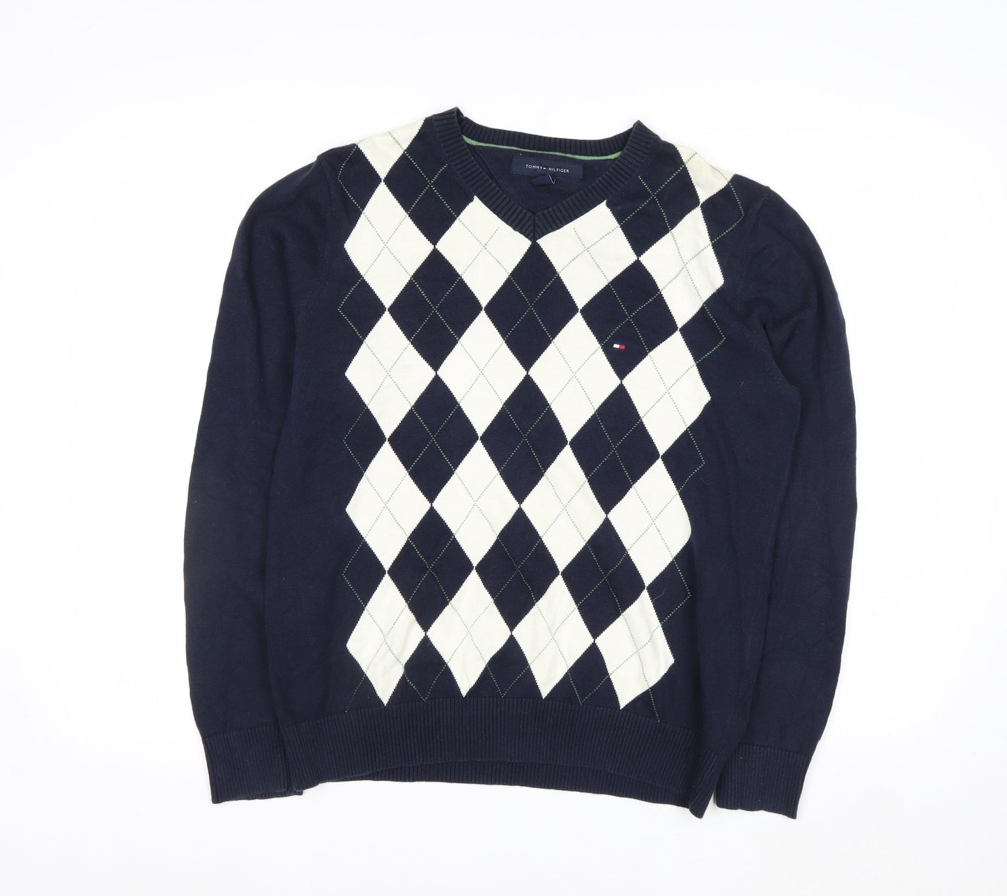 Tommy Hilfiger Men's Blue Argyle Cotton V-Neck Jumper Size M