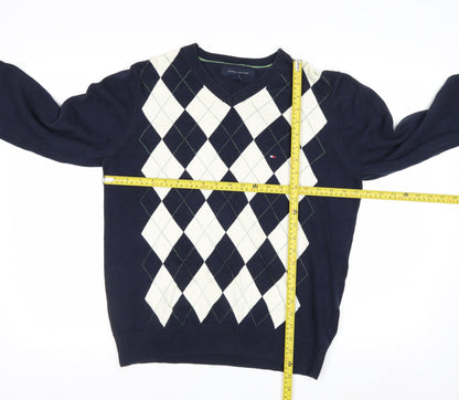 Tommy Hilfiger Men's Blue Argyle Cotton V-Neck Jumper Size M