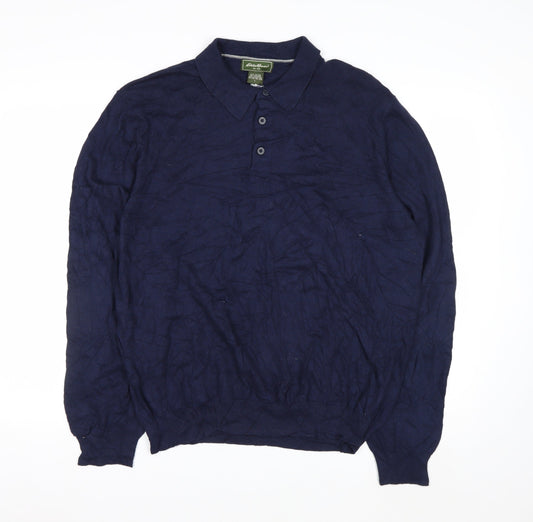 Eddie Bauer Men's Blue Cotton Cashmere Collared Henley Jumper L
