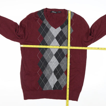 Claiborne Men's Red Argyle V-Neck Cotton Jumper Size L