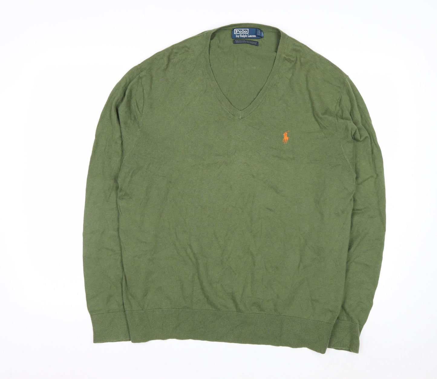 Ralph Lauren Men's Green V-Neck Cotton Cashmere Jumper XL