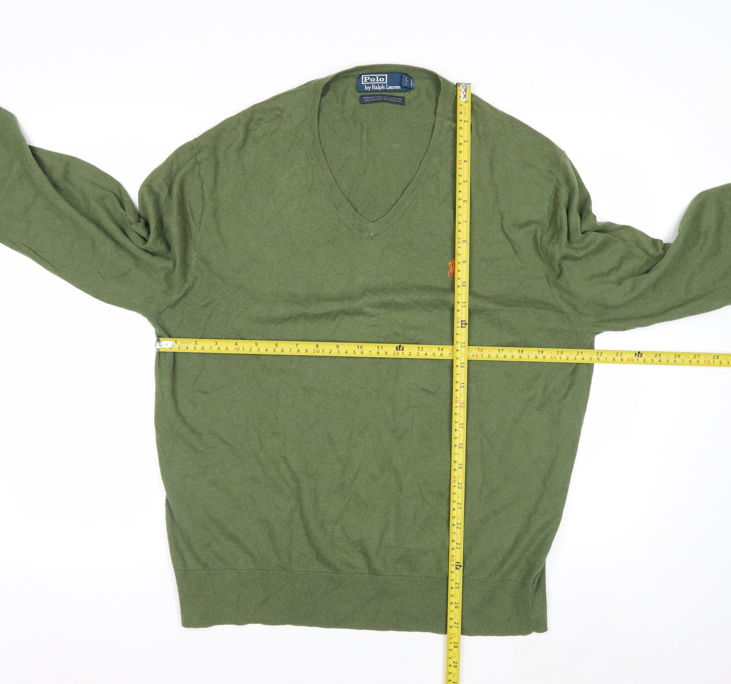 Ralph Lauren Men's Green V-Neck Cotton Cashmere Jumper XL