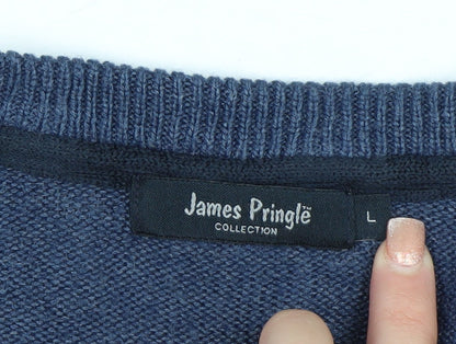 James Pringle Mens Blue Acrylic V-Neck Jumper Size L