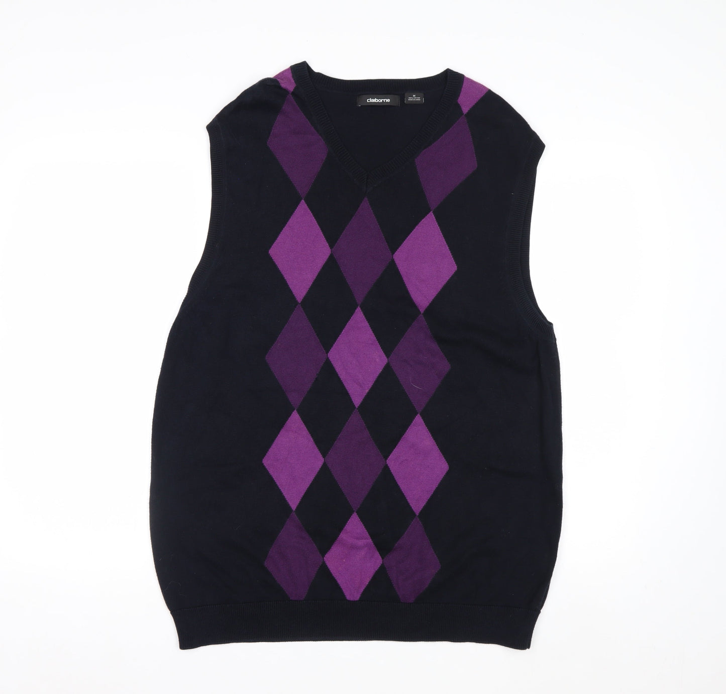 Claiborne Men's Black Purple Argyle Cotton V-Neck Vest M