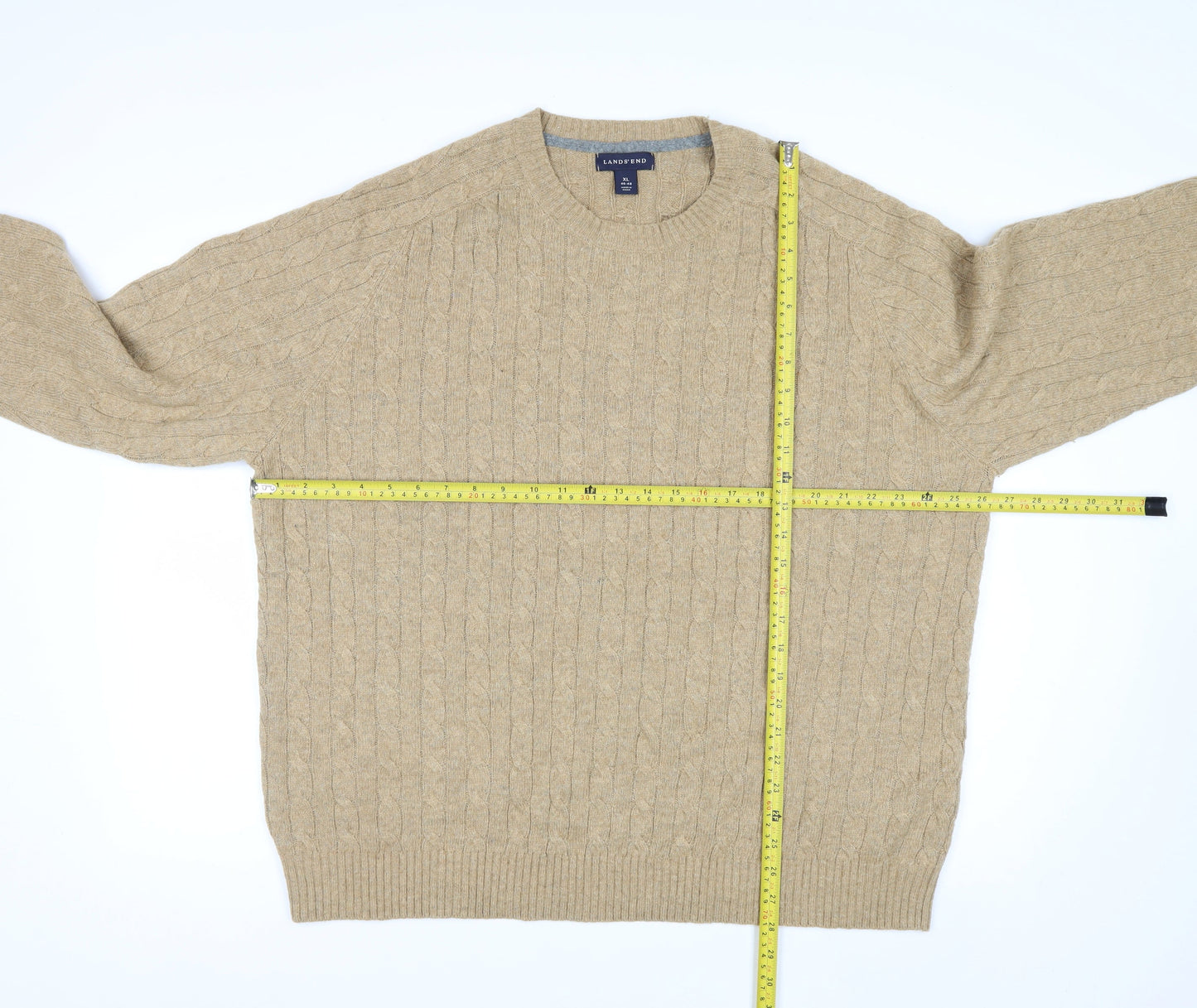 Lands' End Men's Beige Cable-Knit Wool Blend Pullover Jumper XL